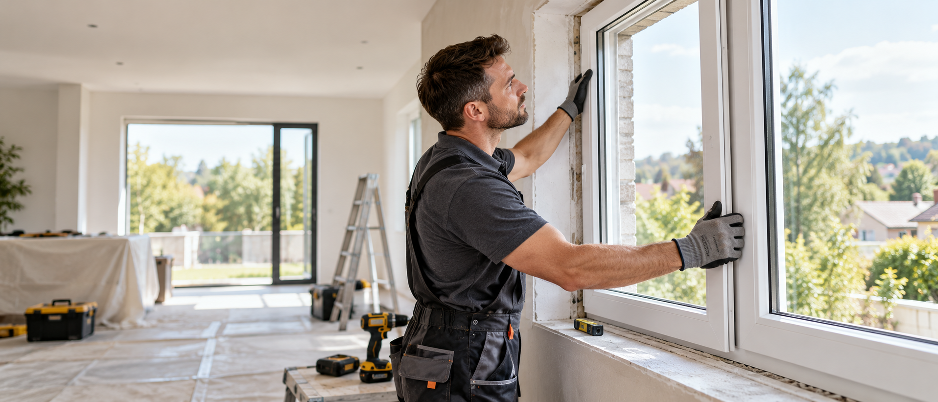 Window installer fitting a large residential window frame