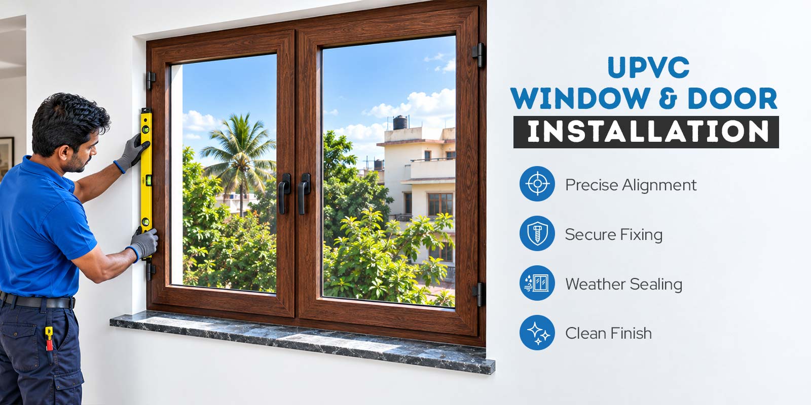 Installer checking a finished uPVC window installation