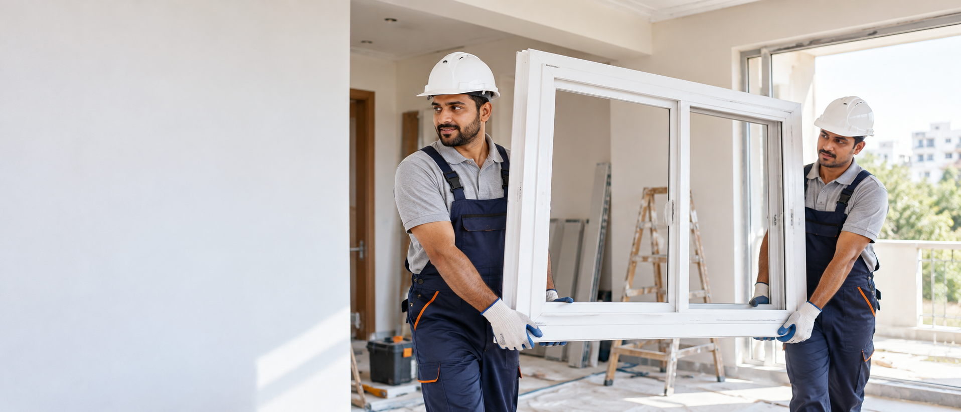 Two installers carefully carrying a window frame